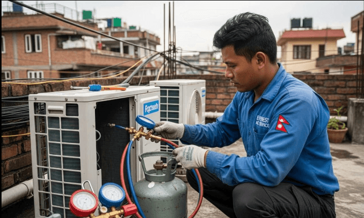 Licensed AC Technician performing gas refill on outdoor unit in Saudi Arabia